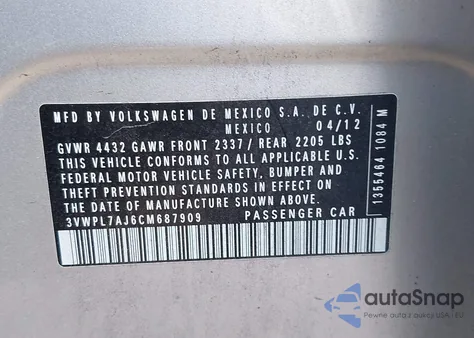 2012 Volkswagen Jetta Sportwagen 2.0L Tdi z USA, uszkodzony, nr VIN 3VWPL7AJ6CM687909